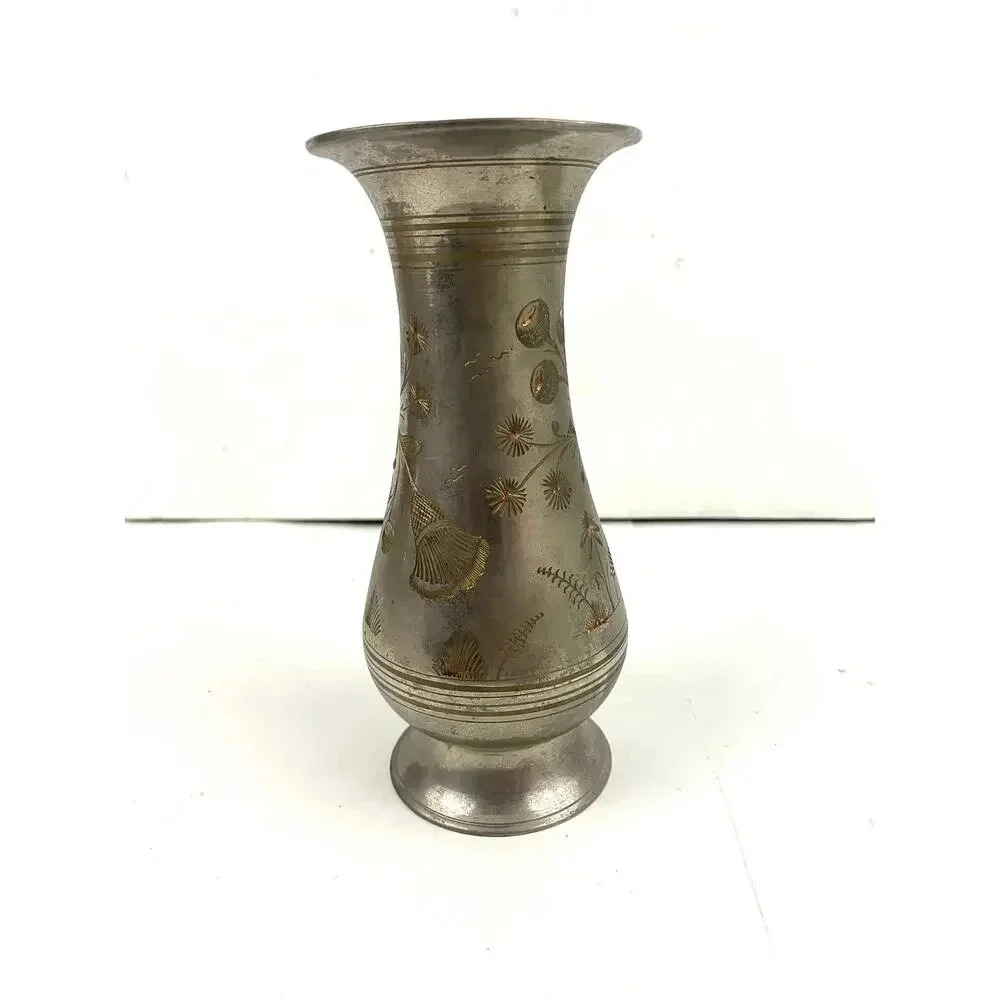 VTG Silver Tone Metal Middle Eastern Vase With Etching 8" Tall Birds Fish‎ - Picture 13 of 14